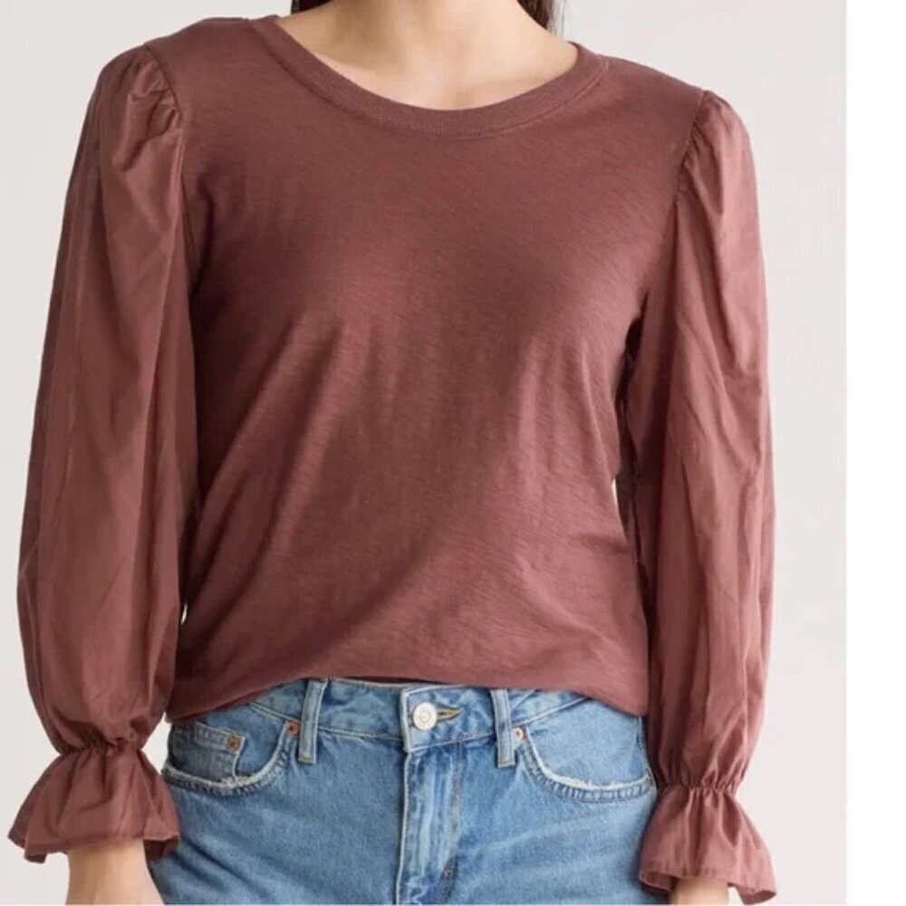 Nation Ltd Carly Volume Sleeve Pima Cotton Top Size XL Pinot Noir Purple